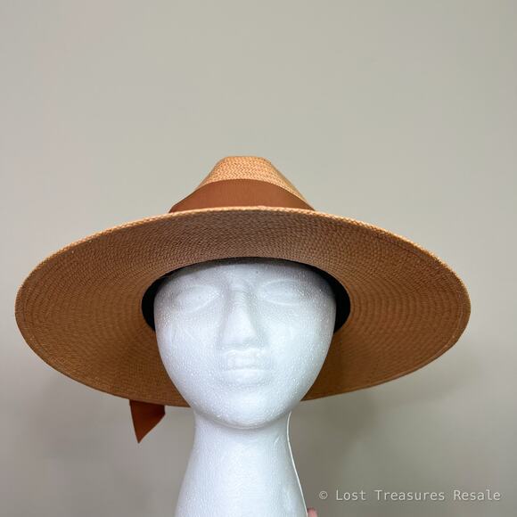 Freya | Gardenia Panama Straw Hat Tan Wide Brim Brown Ribbon Detail Size S/M main image 6